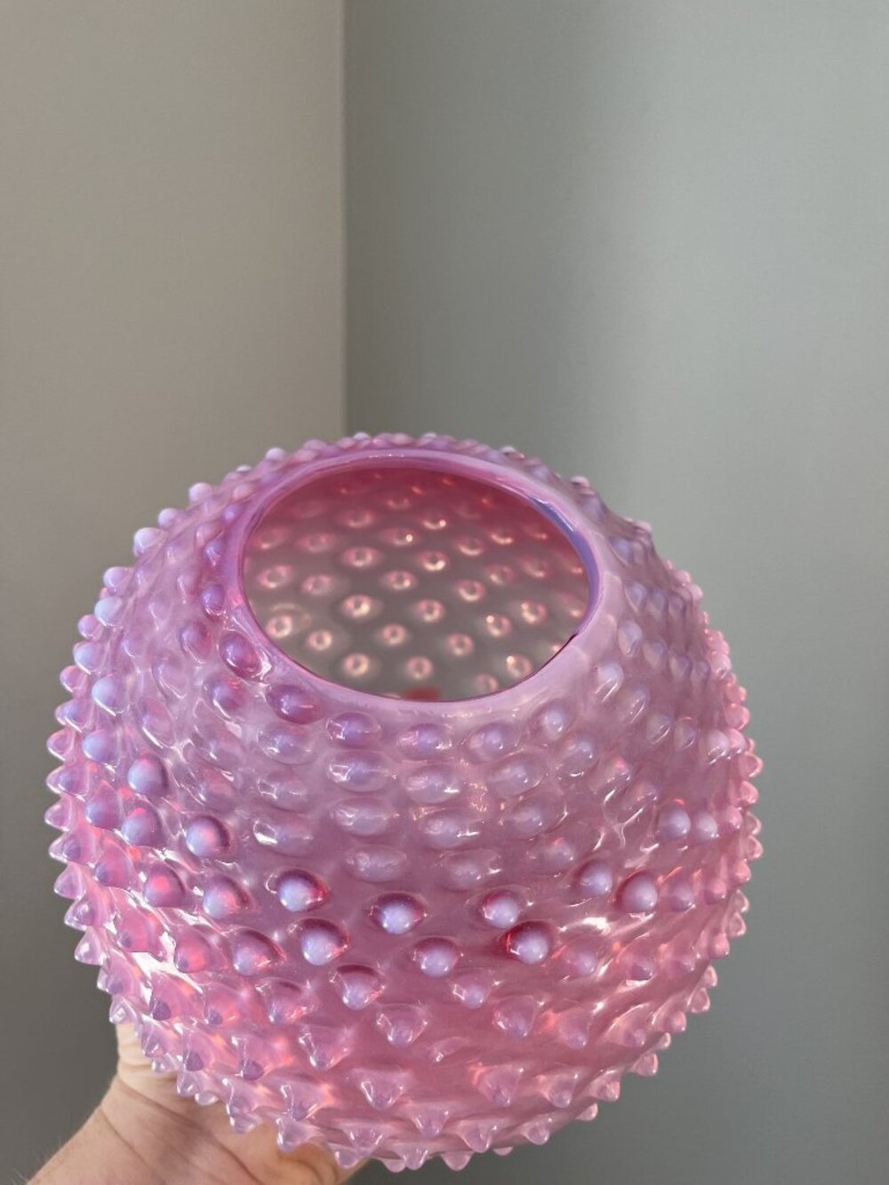Vintage Borske Sklo Pink Opalescent Hobnail Glass Vase 6.5" Spherical Knobble De